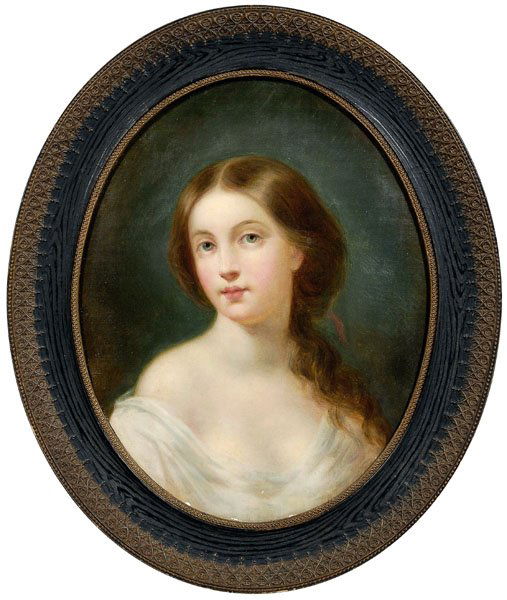Painting attributed to Thomas Sully,: portrait of a young woman with hazel eyes, unsigned, attributed to Thomas Sully, Pennsylvania, 1783-1872, oil on fine canvas, oval 19-3/4 x 15-1/2 in.; black-painted wood and composition frame. Retouc