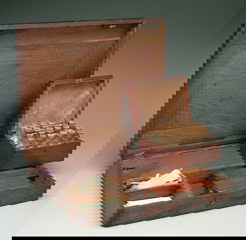 Cased set Civil War doctor's tools, incl: Cased set Civil War doctor's tools, includes five knives, one saw, case with tweezers, needle and five scalpels, case with scales (all brass weights present), tourniquet or bracing mechanism, four pap