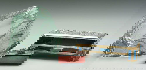 Three decorative objects: silver on cop: Three decorative objects: silver on copper lidded stamp box, 1-3/4 x 2-3/4 x 2-1/4"; Cartier style glass box, lapis or faux lapis and ormolu mounts, Lalique style lid (badly damaged), 3 x 7 x 4"; irre