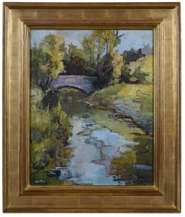 Keltie Ferris: (American/Kentucky, 20th century)Landscape with Bridge, 2007, signed lower right "Keltie Ferris", inscribed verso "Seneca/Cherokee Park, Louisville KY", oil on canvas, 20 x 16 in.; molded and gilt