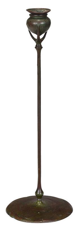 Tiffany Studios Bronze Candlestick: American, early 20th century, cauldron form top on three pronged and tapered support, wide circular base stamped "Tiffany Studios/New York" and "1213", removable candle cup, 17 in. - Provenance: Priva
