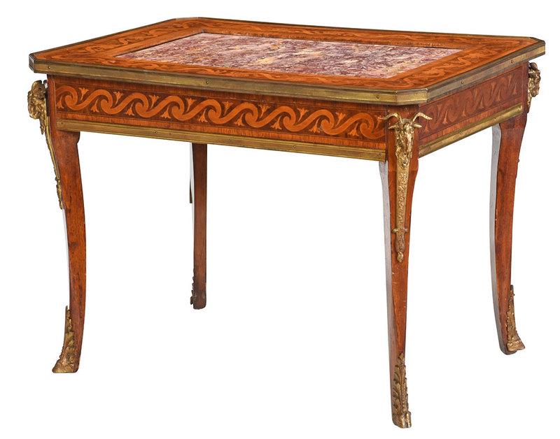 Louis XVI Style Bronze Mounted Low Table: French, early 20th century, marquetry inlaid top centering an inset Breche Violette marble panel, conforming skirt with goat's head gilt mounts, 21-1/4 x 28-1/2 x 20 in. - Provenance: