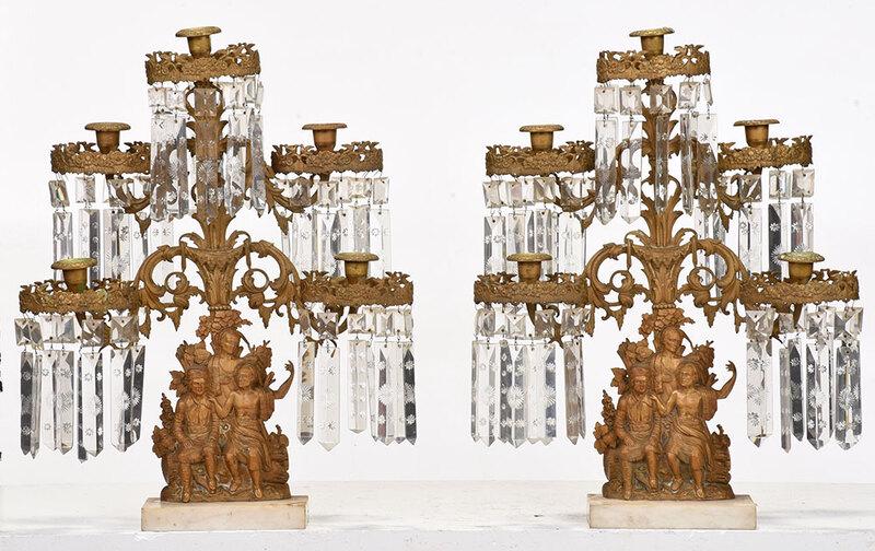 Pair Gilt Bronze Girandoles with Crystal Drops: American, 19th century,ÿLast of the Mohicans motif after design by Isaac F. Baker, backs stamped "December 5/1848" and incised "Cornelius & Co.", each central support with four scrolled arms, fiv