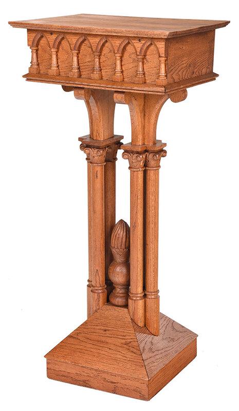 Gothic Style Carved Oak Lectern: 20th century, oak throughout, with arcaded top on column form supports with tapered square base, 48 x 22-1/2 x 18 in. - Provenance: