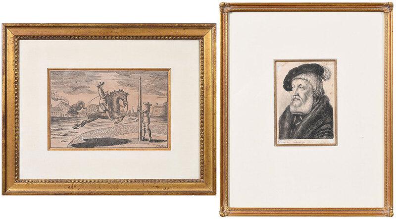 Two Old Master Prints: (Continental, 17th century)Wenceslaus Hollar (Bohemian, 1607-1677) Hans Holbein, 1643, etching, sight 5-3/8 x 3-3/4 in.; Peter Troschel, (German, 1620-1667), Dressage, image 7 x 10-5/8 in.; gilt wood 