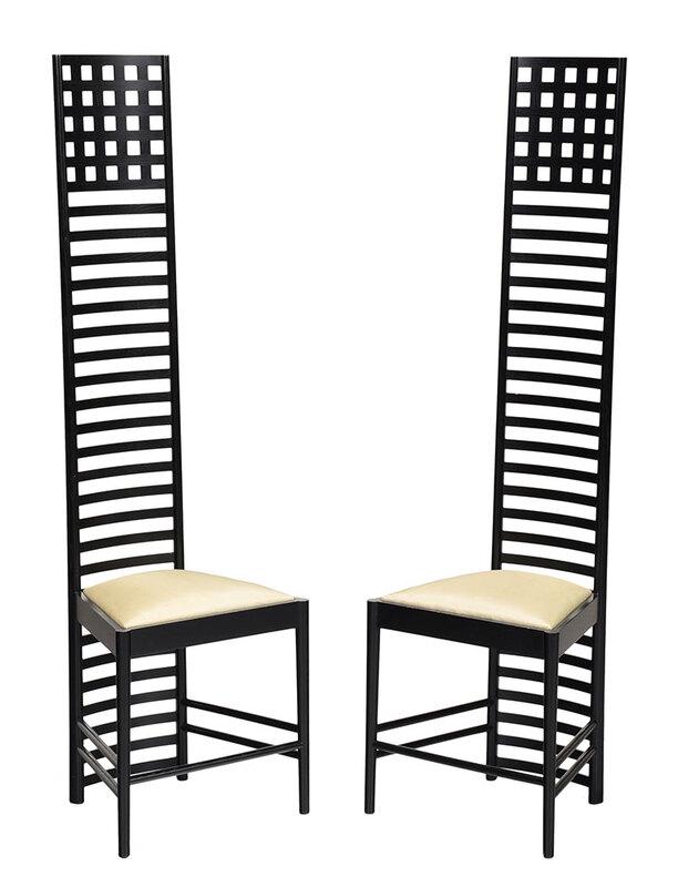 Pair Charles Rennie Mackintosh Hill House Chairs: modern reproductions by Cassina, late 20th century/early 21st century, each stamped with manufacturers mark, in black lacquered wood with upholstered slip seats, 55-1/4 in. - Provenance: Private Colle
