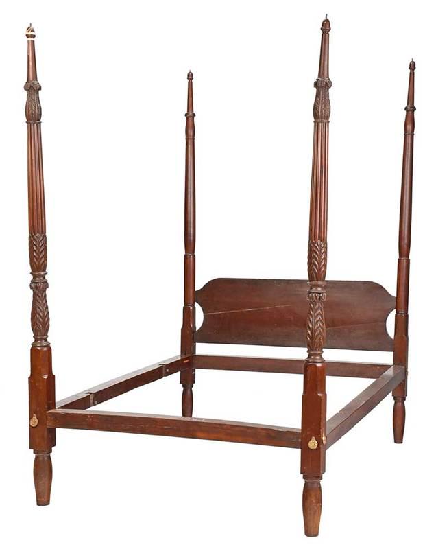 American Federal Carved Mahogany Four Poster Bed: 19th century, mahogany and other mixed woods, with leaf carved footposts and turned headposts, acorn finials, poplar headboard,ÿ92 x 58 x 77 in.ÿ - Provenance: Private New England Collection