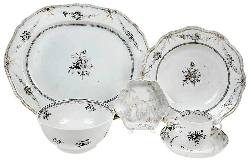 Six Grisaille Chinese Export Table Items: late 18th/19th century, gilt and grisaille floral borders and center embellishments, large oval platter, 10-3/4 x 13-1/4 in.; teacup, 2-1/2 in.; three bowls, largest 1-3/4 x 9-1/4 in.; one low hexagon