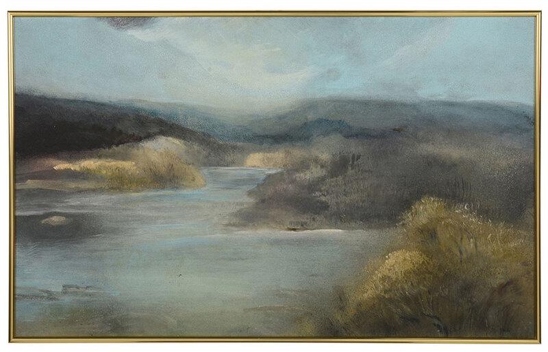 Jane Morton Norton: (American, 20th Century)Up River, signed lower right "J.M.N.", mixed media (water based) on board, 29 x 47-1/2 in.; metal frame, 30-1/2 x 48-5/8 in. - Provenance: Property from an Important Southern C
