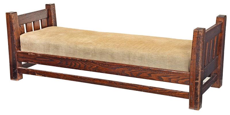 L. and J.G. Stickley Arts and Crafts Oak Daybed: American, early 20th century, partial Stickley decal, upholstered mattress, 28 x 79-1/2 x 30 in. - Provenance: Private Collection, North Carolina
