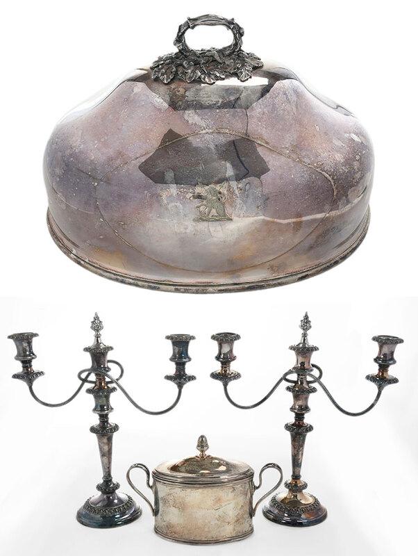 Four Pieces Silver Plate Hollowware: English, 19th/early 20th century, including meat cover with acorn decorated handle and heraldic device, marks for Elkington, 2 x 18-1/4 x 14 in.; oval two handled lidded caddy, acorn finial, 7-1/2 x 1