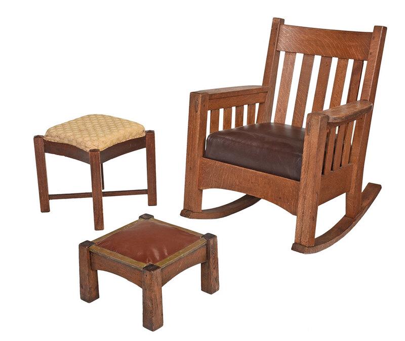 Harden Oak Rocking Chair, Two Footstools: American, early 20th century, comprising an oak rocking chair with through tenoned construction, attributed to Harden, 35-1/2 x 28-1/2 x 32 in.; together with two upholstered oak footstools, one with 