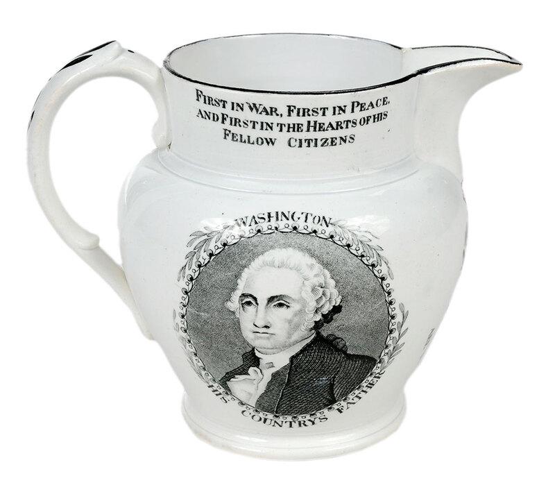 Washington Lafayette Liverpool Creamware Pitcher: British, 19th century, image transfer decorated with portrait of George Washington and General Lafayette "In Commemoration, of the/visit, of Gen.L La Fayette, to/the U,S, of America in the year/1824",