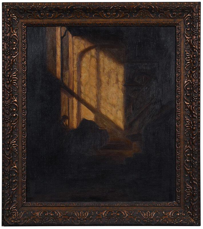 British School Painting: (19th/20th century)Dark Shadows, unsigned, oil on canvas, 21 x 18 in.; bronze powder gilt wood and composition frame, 26 x 23-1/4 in.Note: Labels verso attribute the painting to Walter Richard Sickert