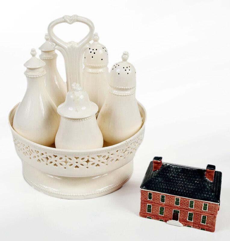 Leedsware Creamware Cruet Set and Ceramic House: British/Continental, 20th century, pierced stand with central support and handle, marked "Leedsware Classical Creamware/England" on base, salt shaker, pepper shaker, three lidded vessels, largest 9 x