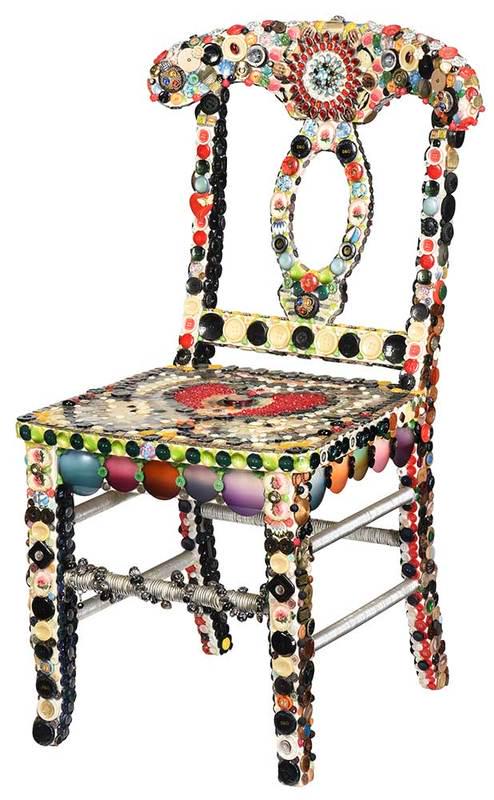 Folk Art Decorated Button Chair: American, including buttons from Dolce and Gabbana, indistinctly signed "J Polstra?, 2003", 37-3/4 in. - Provenance: Private Florida Collection