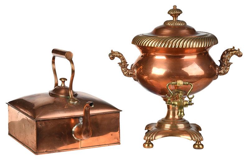 Square Copper Kettle and Copper Hot Water Urn: probably British, 19th century, large kettle with upright handle and oval cover, marked "3" at base of handle, 12 x 11 x 11 in.; covered urn with copper body and brass spout, pedestal base and mounts,