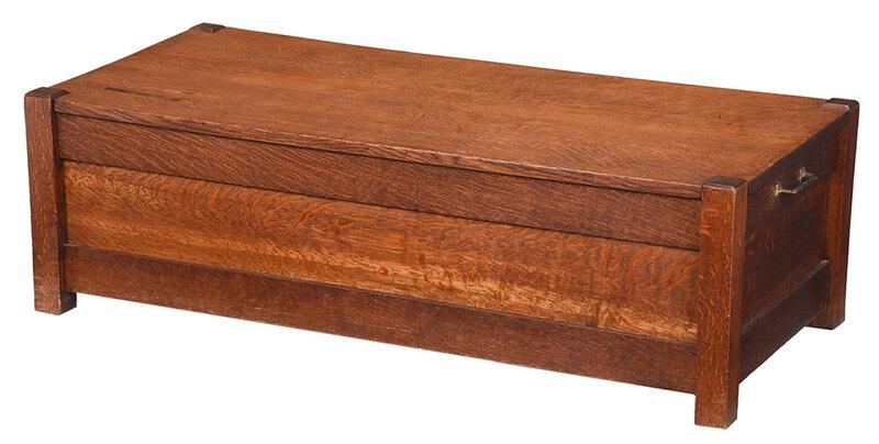 Arts and Crafts Oak Blanket Chest: American, early 20th century, with hinged lid and open interior, brass carrying handles, paneled back and sides, interior with two later trays, 14 x 46 x 21 in. - Provenance: Private Collection, North