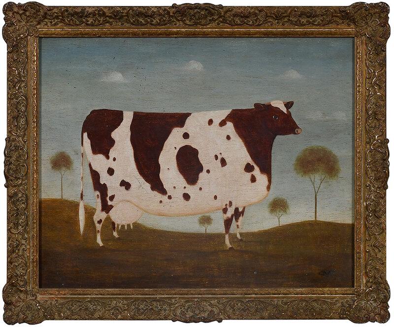 British School Painting: (20th century)Prize Cow, signed lower right with conjoined monogram "CMP", oil on plywood, 16 x 20 in.; painted wood and composition frame, 19-1/2 x 23-1/4 in. - Provenance: