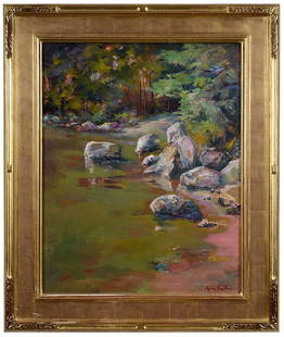 Keltie Ferris: (American/Kentucky,ÿ 20th century)Landscape with Stream and Rocks, signed lower right "Keltie Barr Ferris", oil on canvas, 30 x 24 in.; molded giltwood frame, 38-1/2 x 32-1/2 in. - Provenance: Pr
