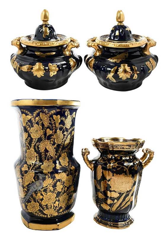 Four Pieces Mason's Mazarine Blue Ironstone: British, circa 1820-30, pair covered potpourri vessels, gilt handles; vase, gilt handles; large vase, polychromed bird; all with gilt butterfly and insect decoration, largest 17 in. - Provenance: Priv