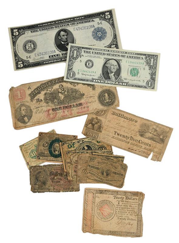 Group of U.S. and Confederate Currency: nine Fractional Currency notes; series of 1923 $1 Silver Certificate; series of 1914 $5 Federal Reserve Note; January 14, 1779 $20 Continental Congress Issue, CC-92; Yellow Seal $1 North Africa note; 