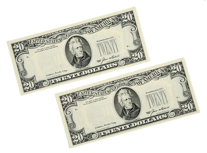 Pair $20 Error Notes: series 1985, with light or missing third printing (green ink seals and serial numbers)ÿ - Provenance: