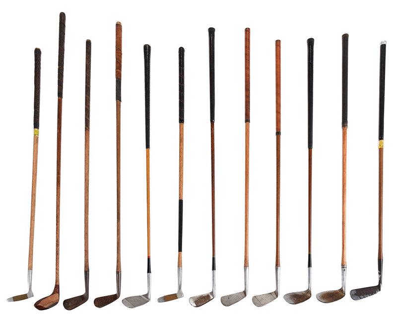 12 Wooden Shaft Golf Clubs: vintage clubs, names include Otey Crisman; MacGregor: Edgemont; Spalding: Robert Jones; Picadilly; J.H. Taylor; Wright & Ditson: Bee Line; St. Regis; D.Mackay Special, a few with shaft labels from cou