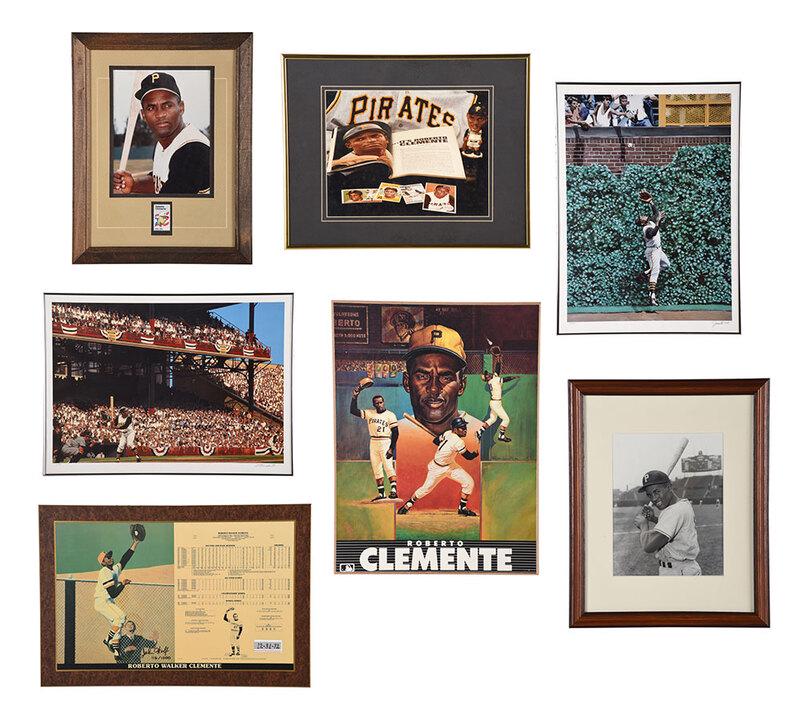 Roberto Clemente Items: seven pieces, all suitable for hanging, Clemente's Wrigley Catch by Andy Jurinko, lithograph, edition 128/600, signed by artist, framed, overall 30 x 22 in.; Buc Starts Here by Bill Purdom, lithograph
