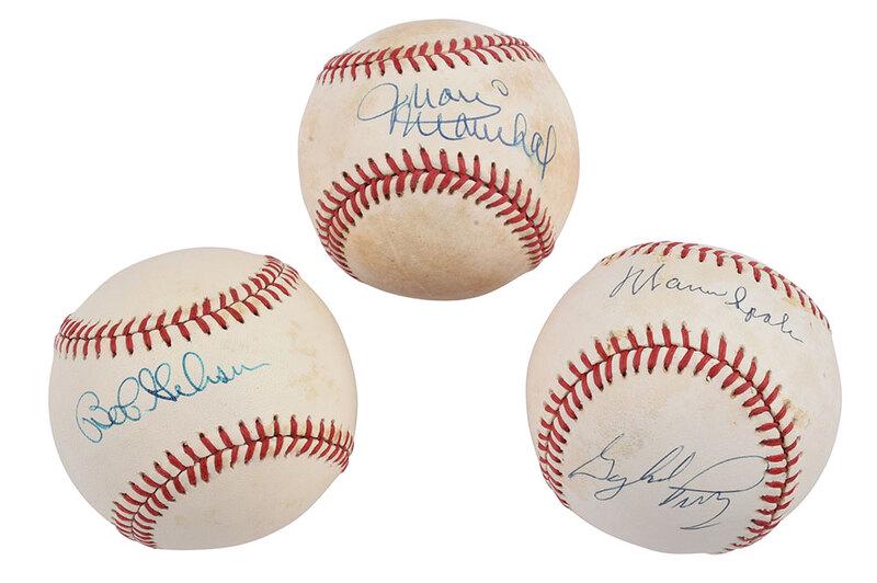 Three Premier Pitchers Signed Baseballs: Bob Gibson (St. Louis Cardinals) on Official N.L. ball; Juan Marichal (S.F. Giants) on Official N.L. ball; dual signed, Warren Spahn (Boston and Milwaukee Braves) and Gaylord Perry (nine different tea