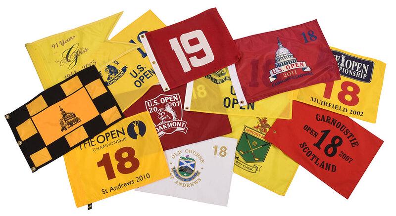 Assorted Golf Pin Flags: 12 total, Anheuser-Busch Golf Classic; Old Course: St. Andrews, 18th hole; 2007 British Open, Carnoustie, 18th hole; 2007 U.S. Open, Oakmont, 18th hole; 2011 U.S. Open, Congressional Country Club (Bet