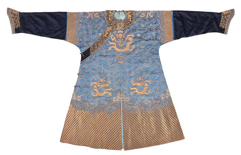 Chinese Silk Dragon Robe: 19th century, fine blue silk with nine five clawed dragons (including one interior) against a trellised background with bats, clouds, and auspicious objects, worked in couched gold threads, over a wid