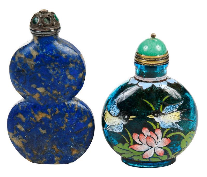 Two Chinese Snuff Bottles: probably Qing dynasty, one carved double gourd sodalite bottle, metal stopper with mounted stones, 3-3/8 in.; Peking glass enamel decorated bottle with bird and floral decoration, green hardstone stop