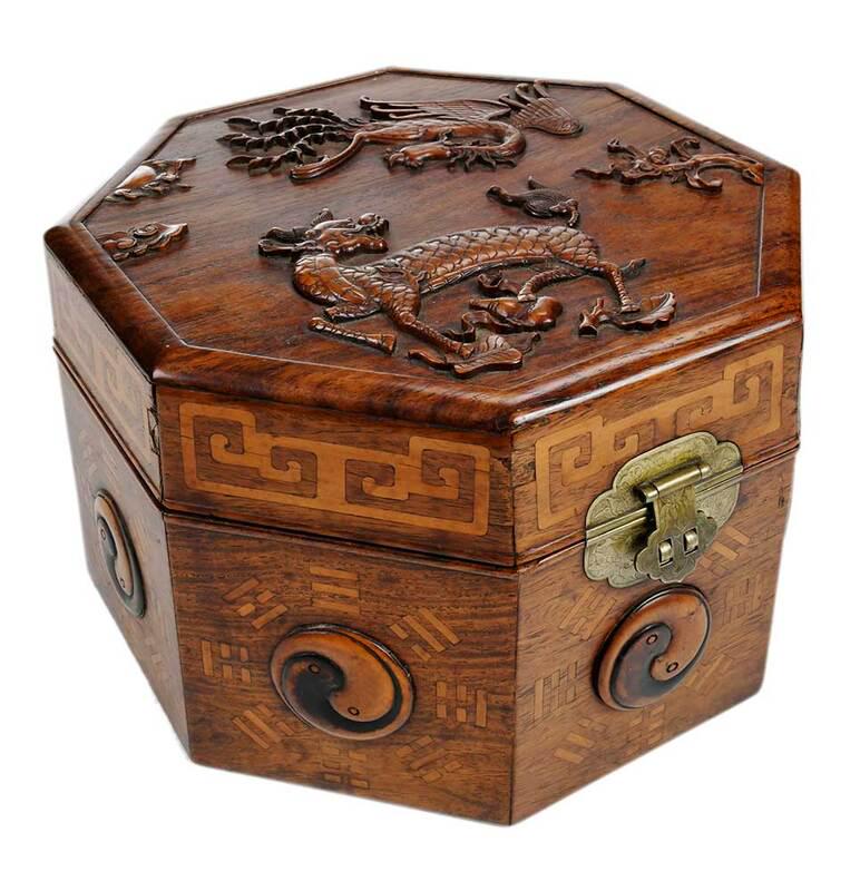 Chinese Carved and Inlaid Box: Qing dynasty, hinged lid, brass escutcheon with engraved floral decoration, top with relief carvedÿqilin and phoenix decoration and inlaid geometric design, sides with carved and inlaidÿbagu