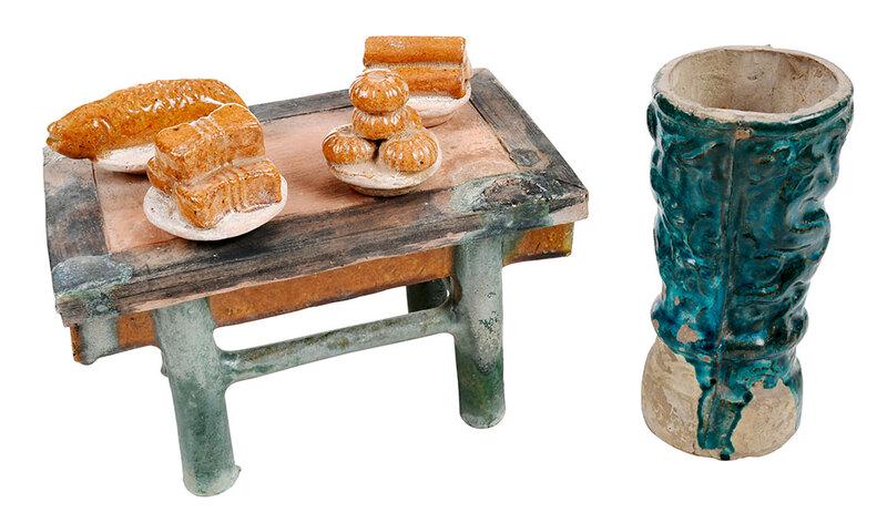 Chinese Glazed Earthenware Table of Food, Vase: possibly Ming or Tang dynasty, offering table with green glazed legs, set with four dishes stacked with orange glazed bread, fish, and other foods, table 5 x 5 x 8-1/8 in.; together with a drippy blue