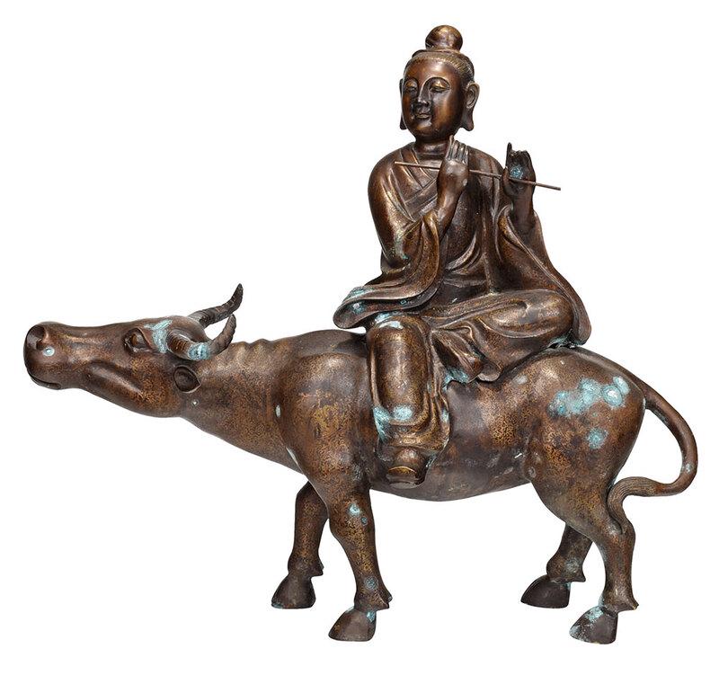 Chinese Bronze Figure, Rider on Water Buffalo: large patinated bronze figure with raised gilt floral decoration across surface, robed figure seated on buffalo's back, possible Xuande reign mark to rider's back, approximately 25-1/2 x 27 in. - Prov