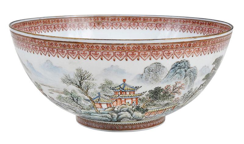 Chinese Enameled Eggshell Porcelain Bowl: 20th century, exterior with finely enameled landscape scene and interior lion, underglaze blue seal mark on underside, in fitted fabric covered box, 3-1/2 x 8 in. - Provenance: Private Collection, Ash