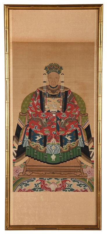 Chinese Ancestor Portrait: Qing dynasty, seated woman in ornate robes and headdress, ink and pigment on silk, mounted to silk mat, painting 36 x 19-3/4 in.; carved gilt wood frame, 53-3/4 x 23-1/2 in. - Provenance: Collection o