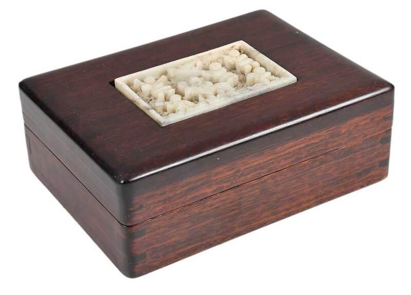 Asian White Hardstone Carving with Lidded Box: possibly Korean, possibly Joseon dynasty, rectangular carved hardstone plaque, relief carved scene depicting a procession of figures with instruments and flag, figure riding a deer, reticulated backgr
