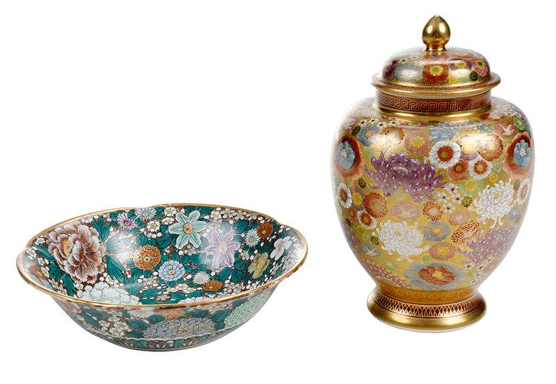 Japanese Satsuma Mille Fleur Vase and Bowl: probably Meiji period, covered vase of ovoid form, enamel and gilt decorated all over in the mille fleur pattern, gilt and iron red mark to base, 8 x 5-1/2 in.; bowl in the mille fleur pattern with sl