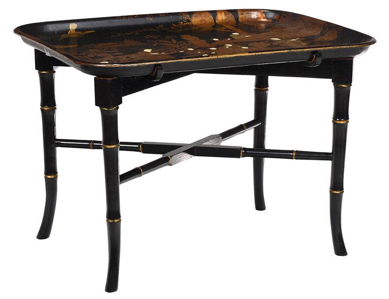 Japanese Papier Mache Tray on Stand: 19th/20th century, black lacquered and gilt decorated tray, courtyard scene decoration, black lacquered and gilt bamboo style stand, tray 18-7/8 x 24-1/2 in., height on stand 17-1/2 in. - Provenance: 