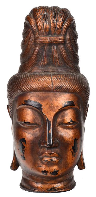 Japanese Guanyin Buddha Signed Mask: probably early 20th century, lacquer mask with serene expression and elaborate coiffure, gilt bronze finish, interior with calligraphic inscription, 17 in.ÿ ÿ - Provenance: