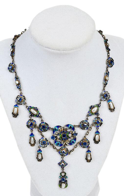 Silver Enamel Necklace: assorted synthetic gemstones, mother of pearl, enamel, clasp stamped "A, A.H.B.", tested at least .800 silver, 16-1/2 in. lg., 51.2 grams - Provenance: By Descent in the Walcott and Nones Families, Ne