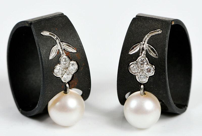 Marsh & Co. Diamond & Pearl Earclips: each with four round brilliant diamonds, one pearl approx. 7.5mm, blackened steel, tapers from approx. 5/16 to 1/2 in. wide, 13/16 in., 9.6 grams - Provenance: Property from a duPont Family Estate, Ch
