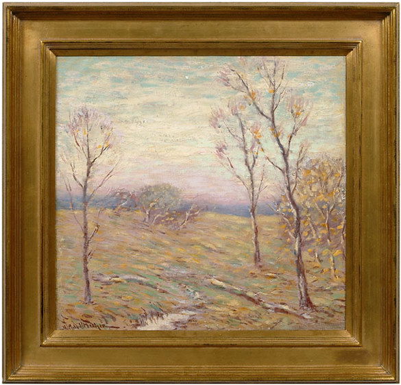 Hugo M. Fisher painting,: landscape with field and trees, signed lower left "H. Melville Fisher" (Hugo Melville Fisher, California, 1876-1946), oil on canvas, Levison & Cullen gallery label verso, canvas slightly loose, crackl