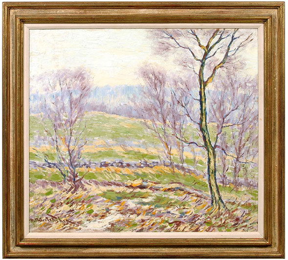 Hugo M. Fisher painting: landscape with rock walls, open fields and trees, signed lower left "H. Melville Fisher" (Hugo Melville Fisher, California, 1876-1946), oil on canvas, lined, restretched, crackle, some cupping, retouc