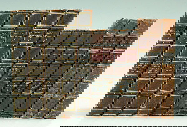 Twelve leather-bound books: [The Works of Robert Browning], five volumes, Riverside Pocket Edition, Boston, Houghton Mifflin, 1899, dark brown half leather and blue cloth, bound by Norrem, set lacking Volume 6, 7-1/2 x 5"; [The