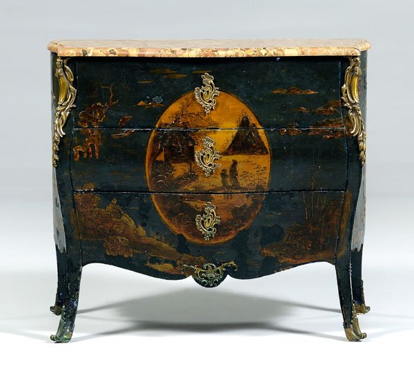 Louis XV style japanned commode,: variegated marble top, japanned surface on Prussian blue ground with ormolu mounts, French, late 19th century, 35-1/2 x 40 x 20-1/2 in. Extensive losses and restorations to japanned surface, corrosion