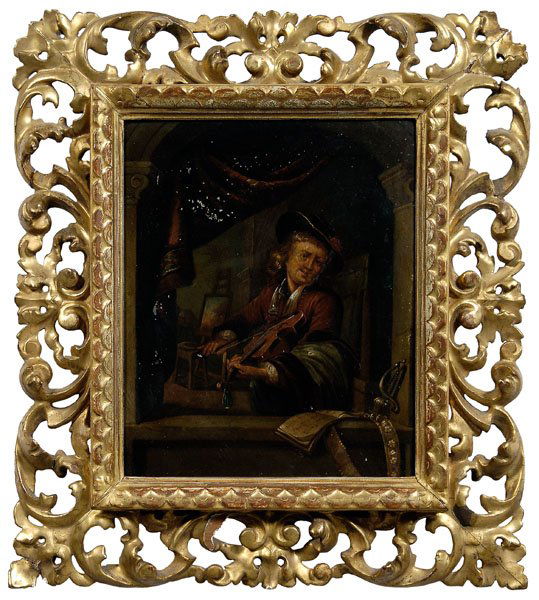 Dutch School painting,: gentleman playing a violin at a casement window, unsigned, oil on tin, 19th century, 9-1/2 x 7-7/8 in.; 19th century carved and gilt wood Florentine frame. Retouch on face, flaking, abrasions, grime;