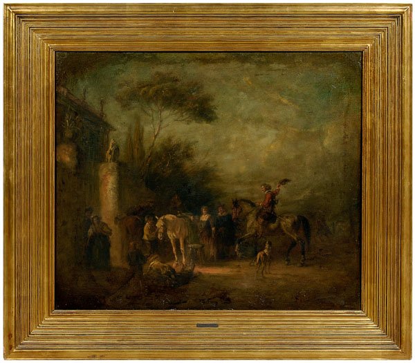 Friedlander painting, Whistler frame:: genre scene with cavalier and other figures, horses, dogs outside the gate of an estate, signed lower right "A Friedlander", possibly Alfred Friedlander, Austrian, 1860-1927, oil on canvas, 25 x 28-3/